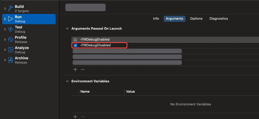 Xcode のスキーム編集画面の［Arguments］タブ。-FIRDebugEnabled のチェックを外し、赤枠で囲んだ -FIRDebugDisabled にチェックを入れている