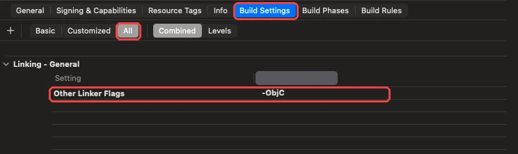 Xcode の［Build Settings］タブ。［Build Settings］、表示切り替えの［All］、Other Linker Flags に -ObjC が設定された行を赤枠で囲んでいる